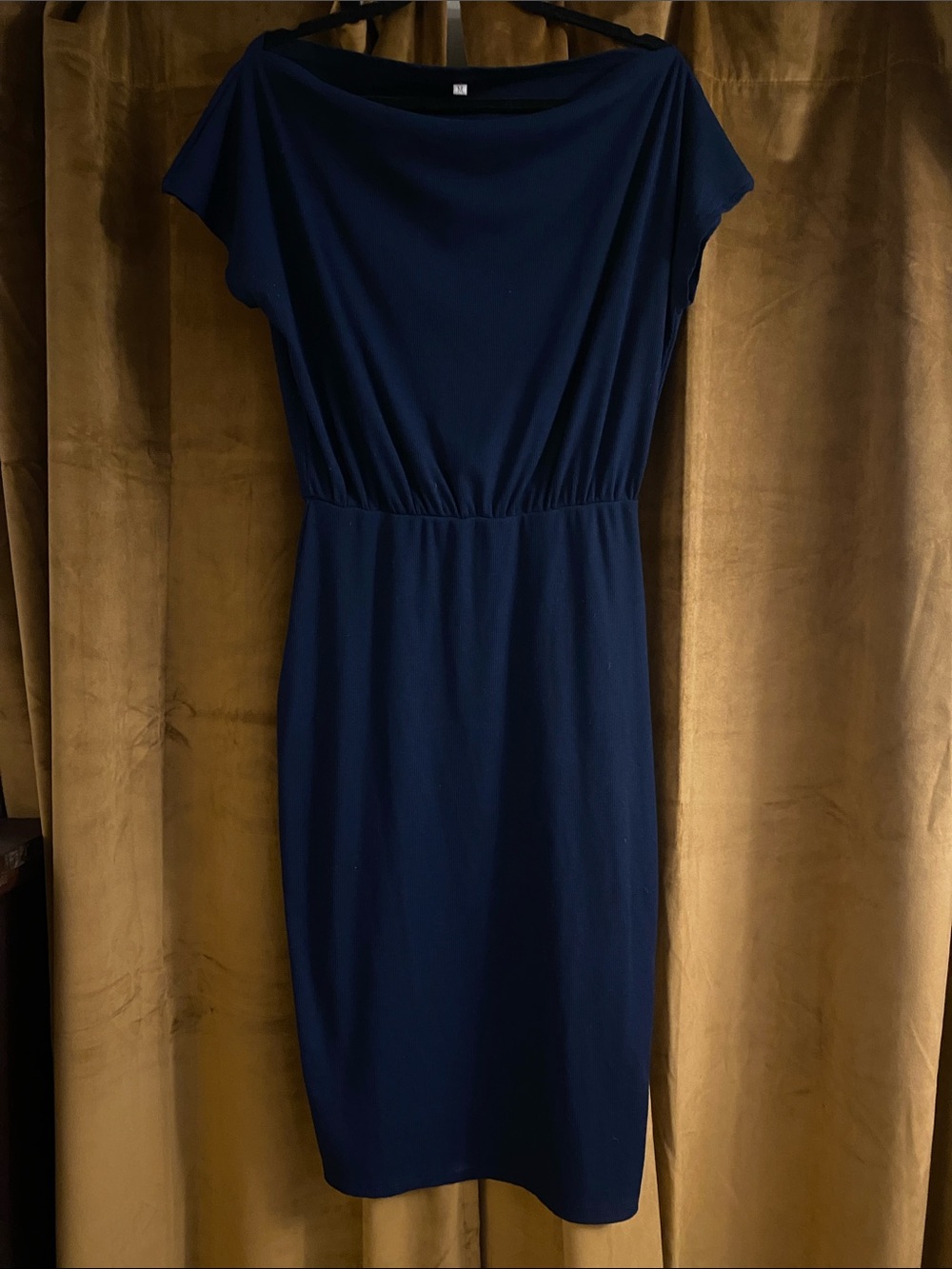 Classic Navy Boatneck Midi Dress with Elastic Waist